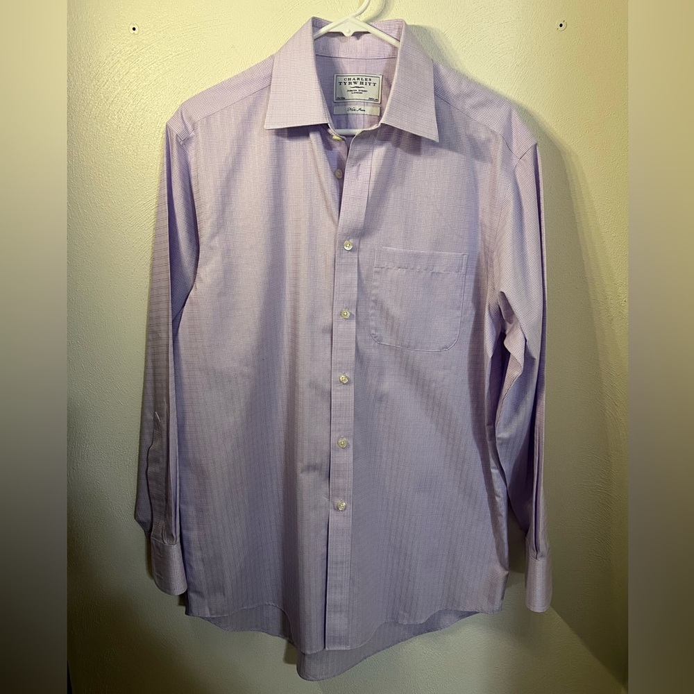 CHARLES TYRWHITT Classic No Iron Button Down Dress Shirt Purple Plaid Men's 15.5